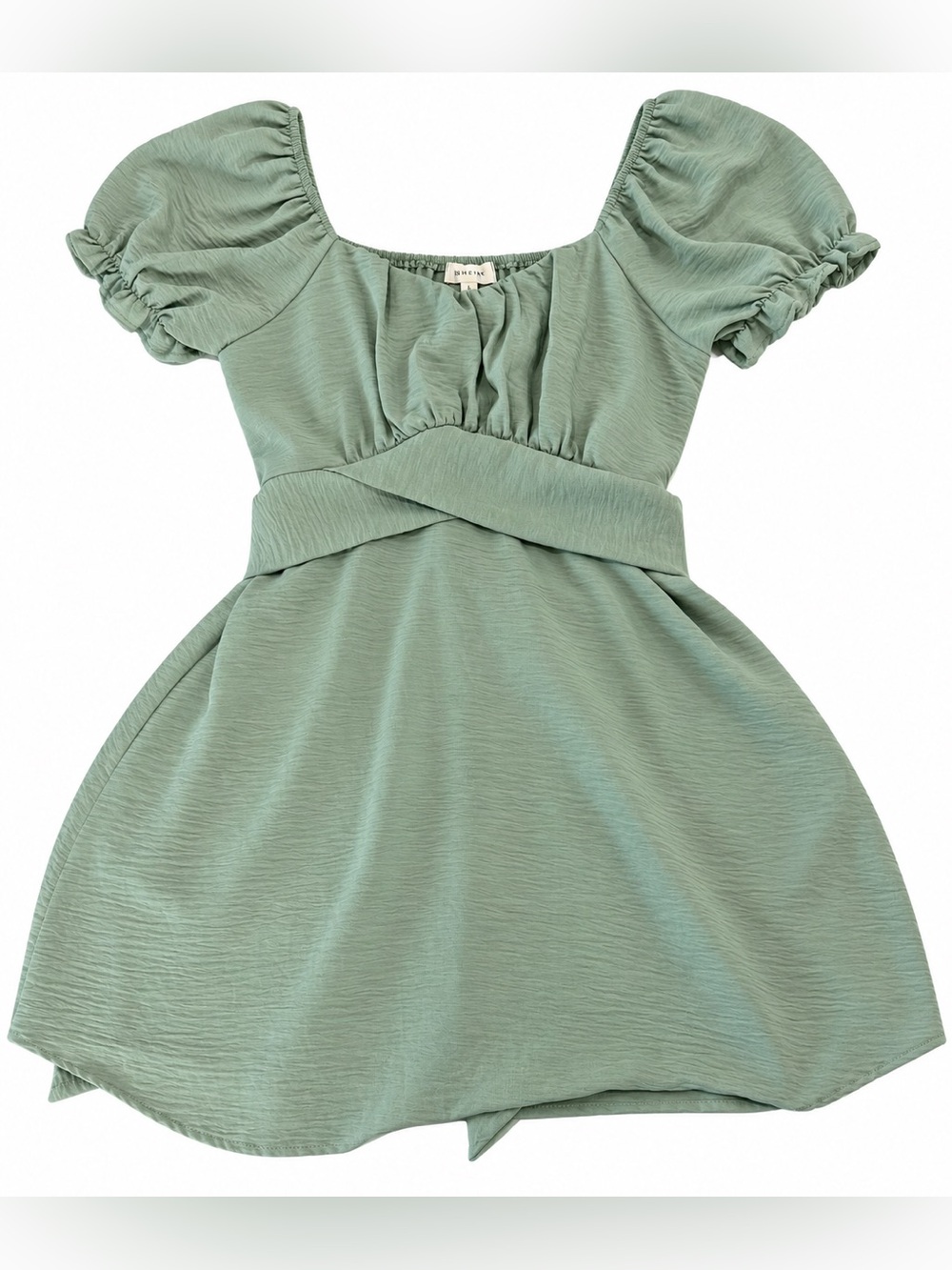Pie In The Sky Women’s Large Sage Green Puff Sleeve Tie Waist Mini Dress